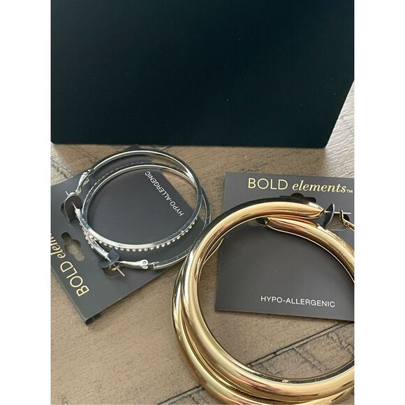 Bold Elements Lot of 2 Earrings Hoops Silver Tone Crystal Inlay & Gold Tone New - Picture 2 of 7